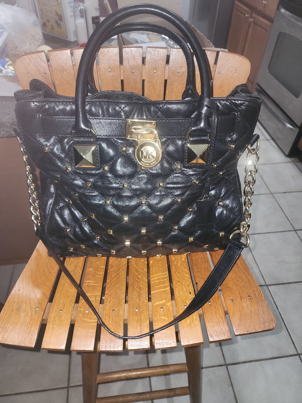 Michael Kors Black Quilted Studded Satchel with Gold Hardware & Chain Strap